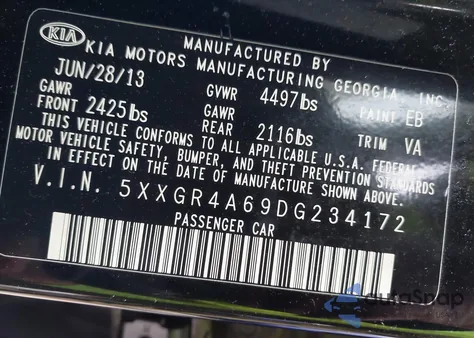 2013 Kia Optima Sx z USA, uszkodzony, nr VIN 5XXGR4A69DG234172